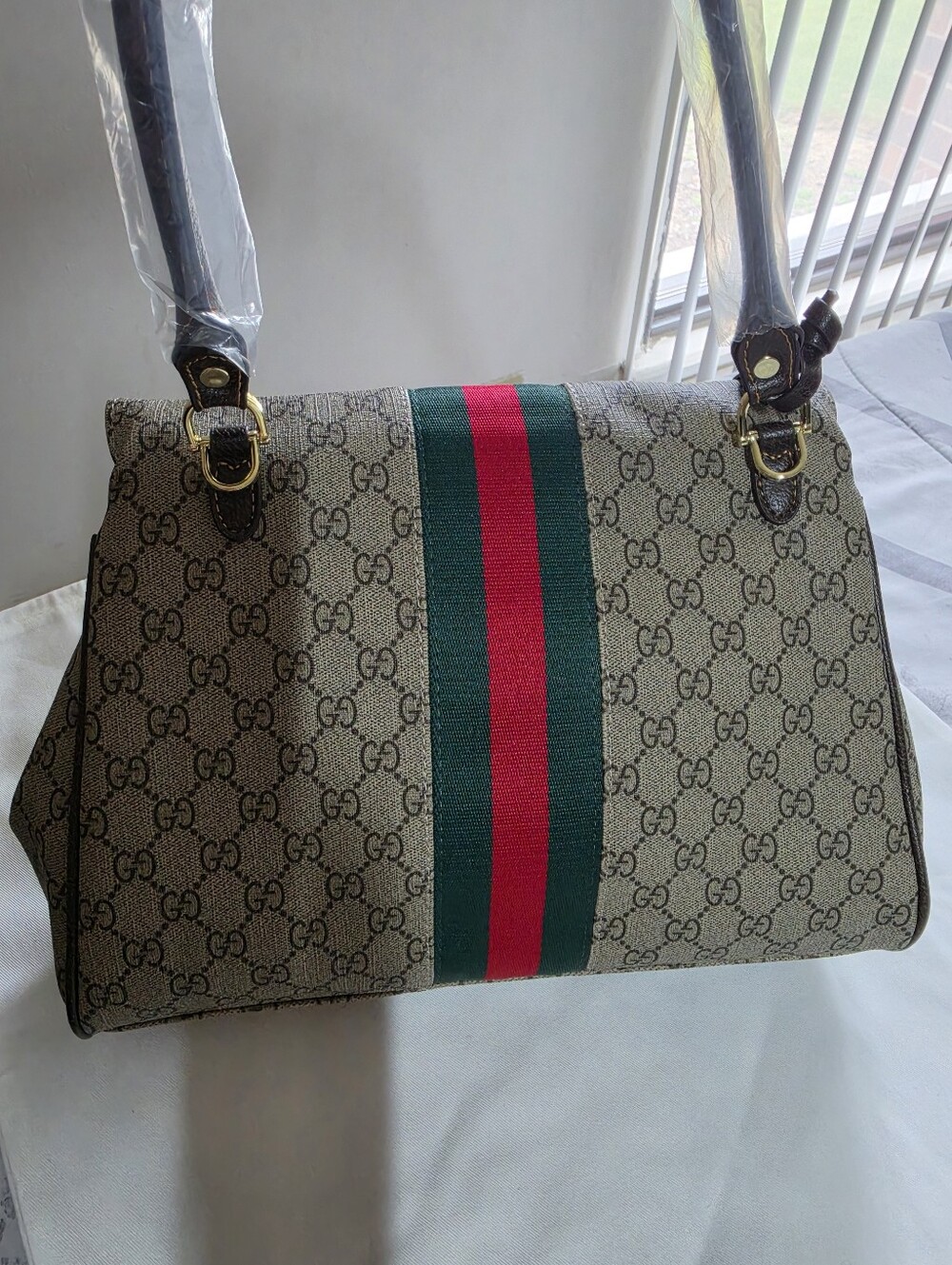 Beige Monogram Satchel with Green and Red Web Stripe - Picture 3 of 4